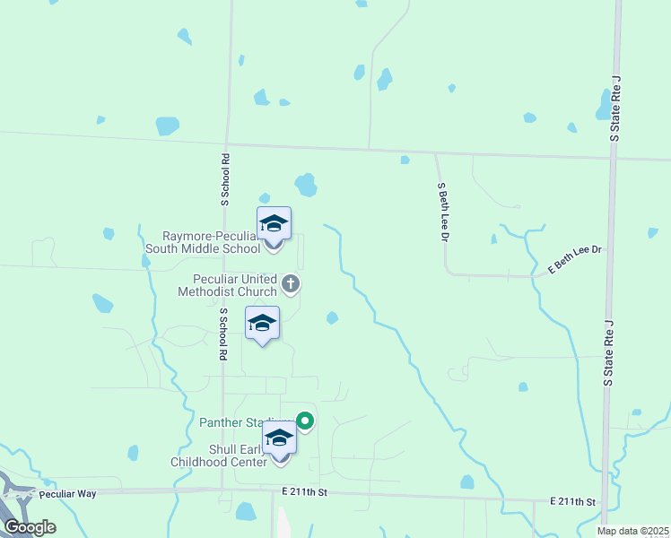 map of restaurants, bars, coffee shops, grocery stores, and more near 20501 South School Road in Peculiar