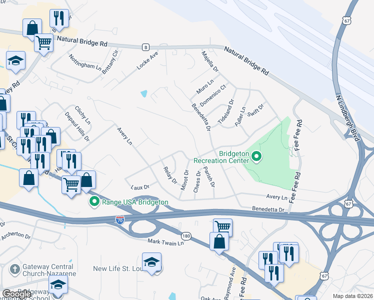 map of restaurants, bars, coffee shops, grocery stores, and more near 4040 Lockport Drive in Bridgeton