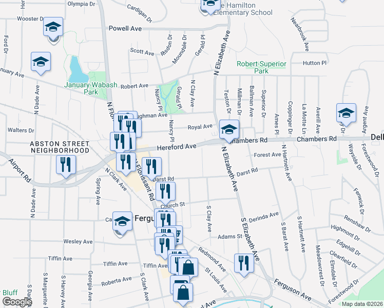 map of restaurants, bars, coffee shops, grocery stores, and more near 131 North Clay Avenue in Ferguson