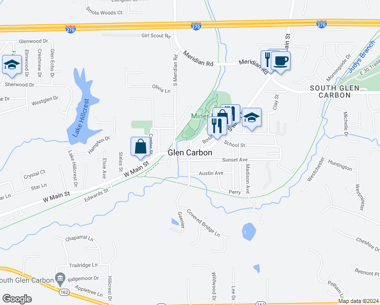 map of restaurants, bars, coffee shops, grocery stores, and more near in Glen Carbon