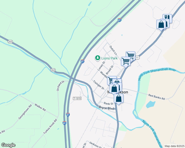 map of restaurants, bars, coffee shops, grocery stores, and more near 5982 Lonas Street in Mount Jackson