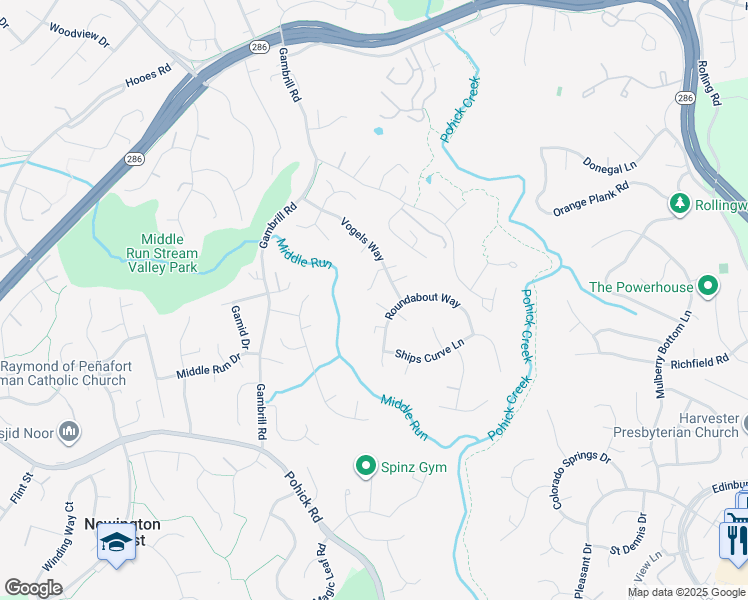 map of restaurants, bars, coffee shops, grocery stores, and more near 7825 Roundabout Way in Springfield
