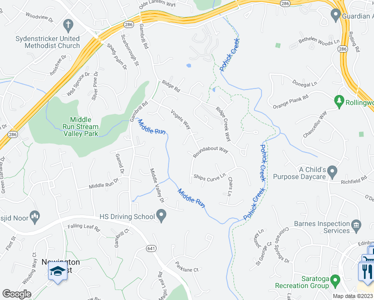map of restaurants, bars, coffee shops, grocery stores, and more near 7825 Roundabout Way in Springfield