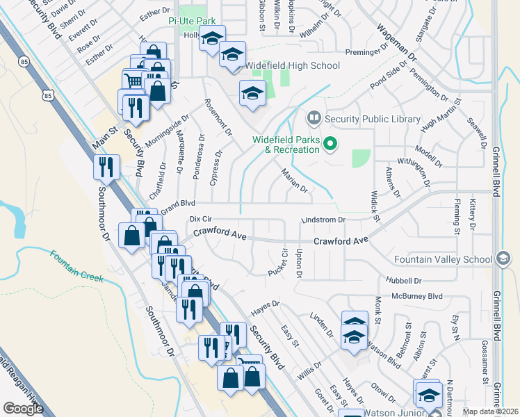 map of restaurants, bars, coffee shops, grocery stores, and more near 490 Dix Circle in Colorado Springs