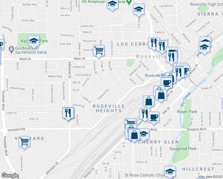 map of restaurants, bars, coffee shops, grocery stores, and more near 124 Duranta Street in Roseville
