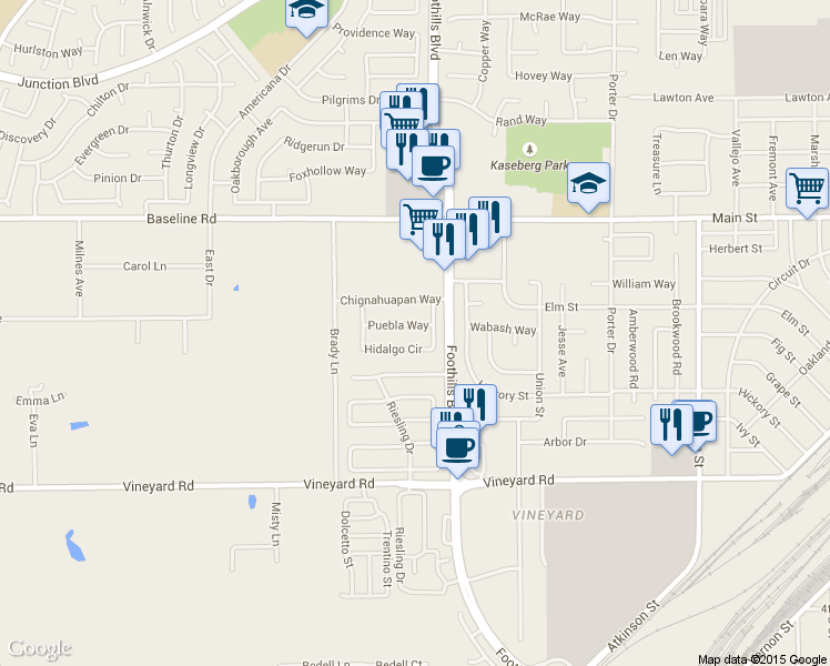 map of restaurants, bars, coffee shops, grocery stores, and more near 1324 Hidalgo Circle in Roseville