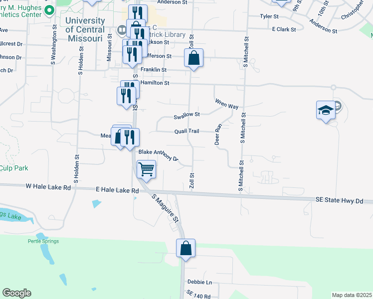 map of restaurants, bars, coffee shops, grocery stores, and more near 411 Blake Anthony Drive in Warrensburg