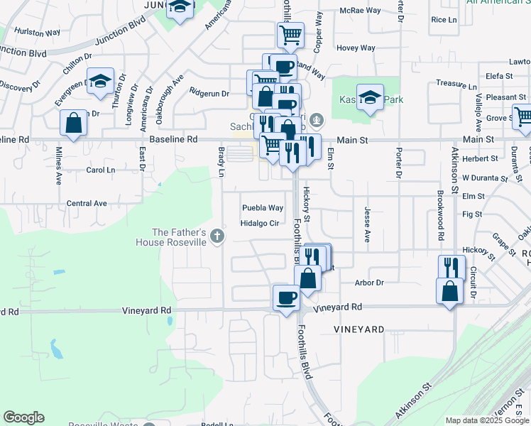 map of restaurants, bars, coffee shops, grocery stores, and more near 1327 Puebla Way in Roseville