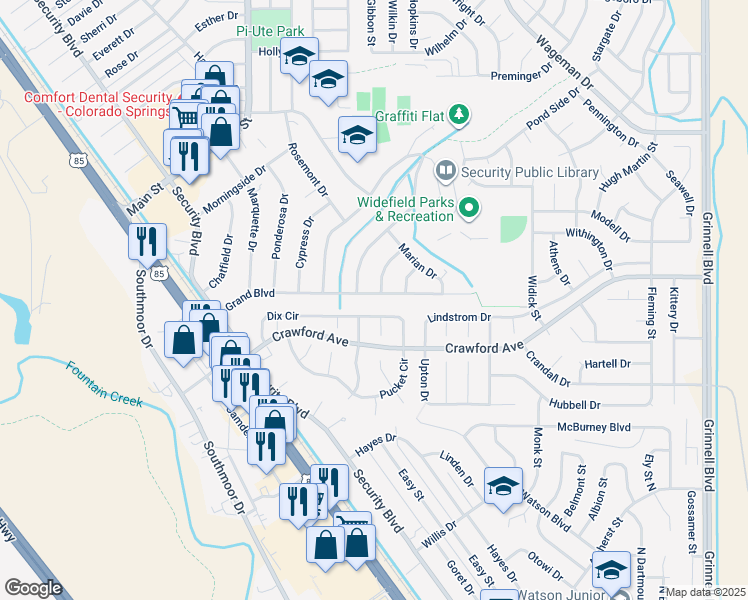 map of restaurants, bars, coffee shops, grocery stores, and more near 709 Grand Boulevard in Colorado Springs