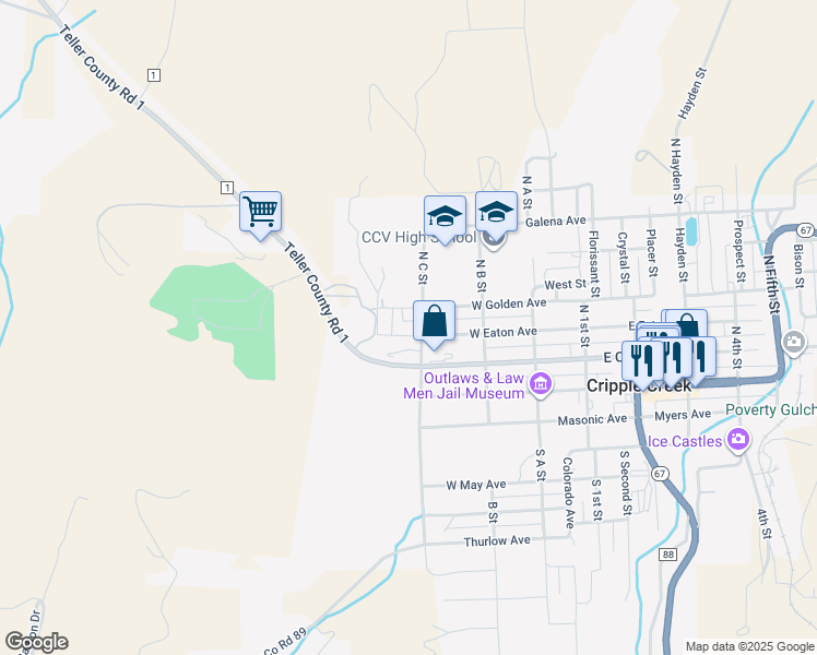 map of restaurants, bars, coffee shops, grocery stores, and more near 400 West Eaton Avenue in Cripple Creek
