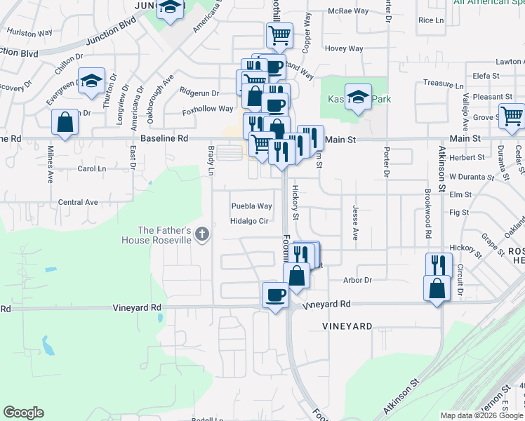 map of restaurants, bars, coffee shops, grocery stores, and more near 1324 Hidalgo Circle in Roseville