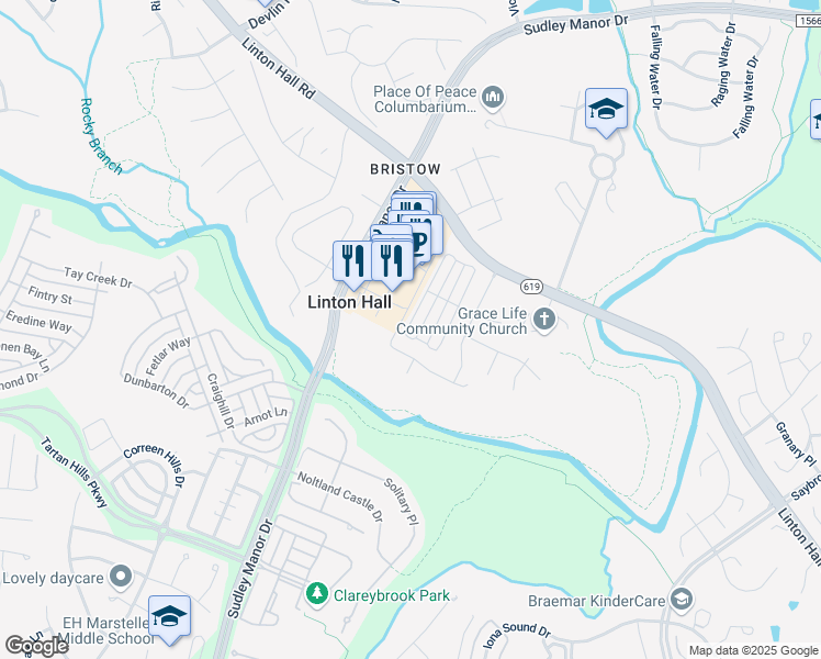 map of restaurants, bars, coffee shops, grocery stores, and more near 9684 TARVIE Circle in Bristow