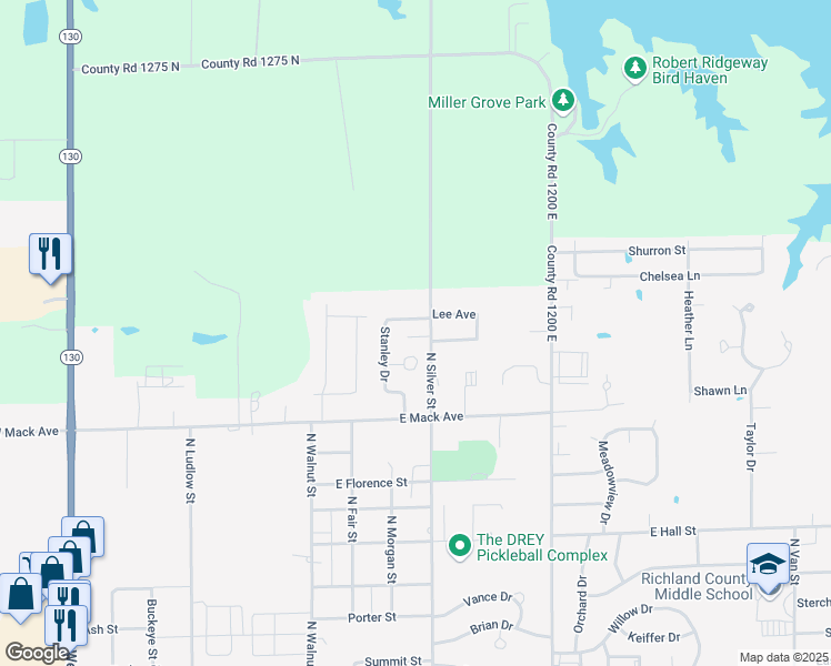 map of restaurants, bars, coffee shops, grocery stores, and more near 1601 North Silver Street in Olney