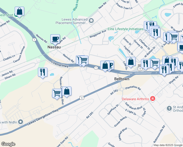 map of restaurants, bars, coffee shops, grocery stores, and more near 17447 Slipper Shell Way in Lewes