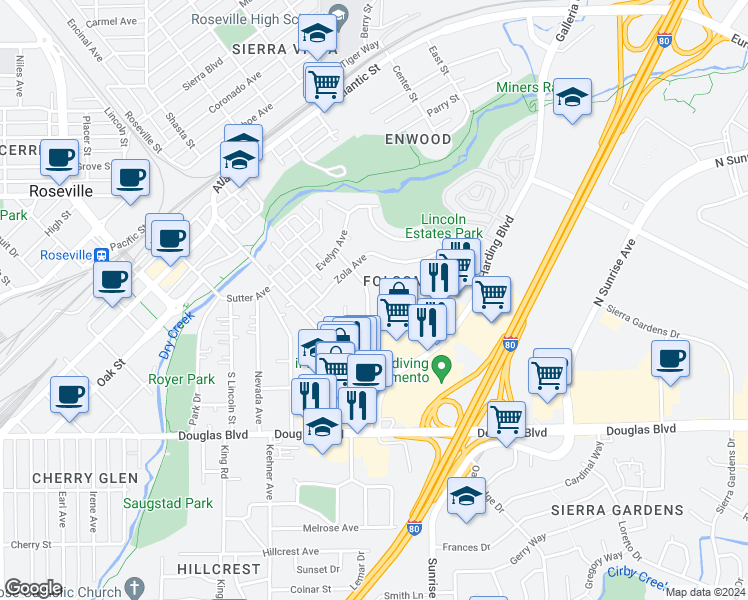 map of restaurants, bars, coffee shops, grocery stores, and more near 209 Sharon Way in Roseville