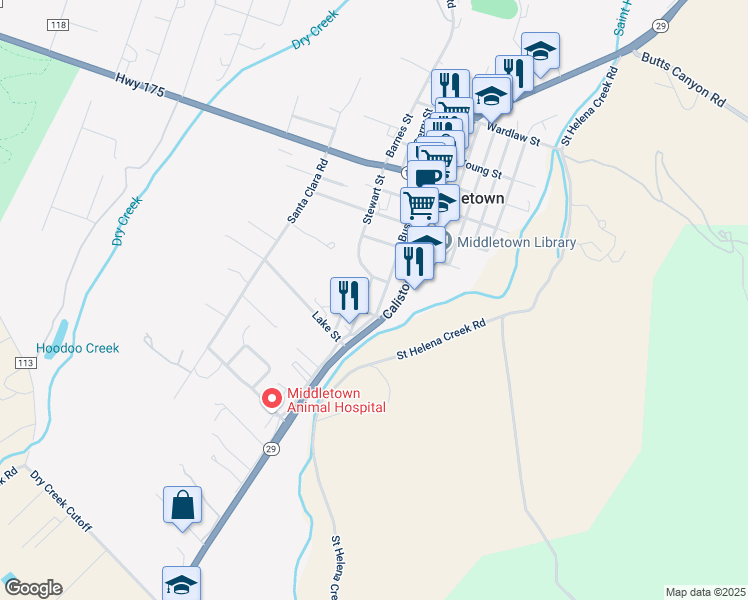 map of restaurants, bars, coffee shops, grocery stores, and more near 21345 Bush Street in Middletown
