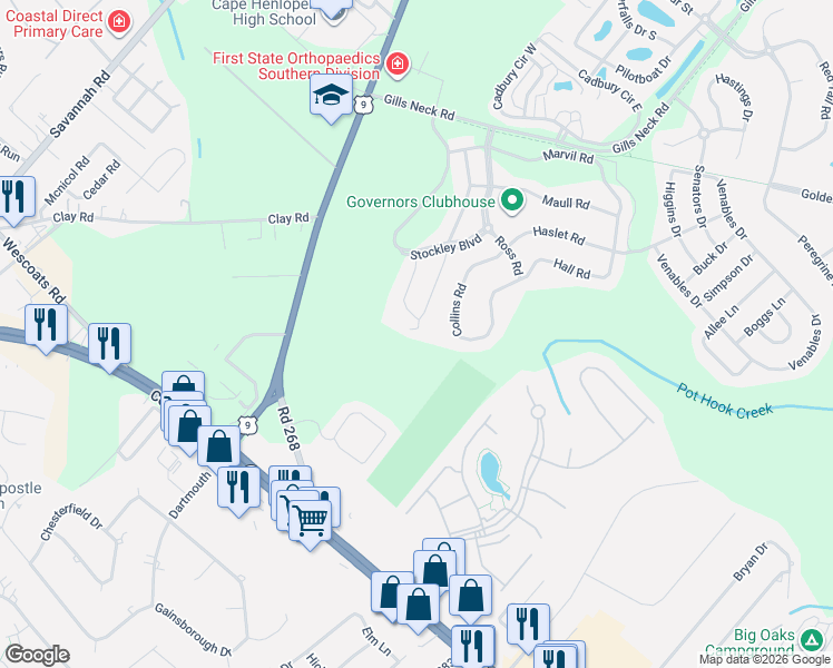 map of restaurants, bars, coffee shops, grocery stores, and more near Dickinson Court in Lewes