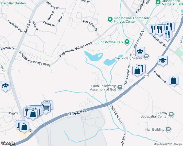 map of restaurants, bars, coffee shops, grocery stores, and more near 7760 Belvale Drive in Kingstowne
