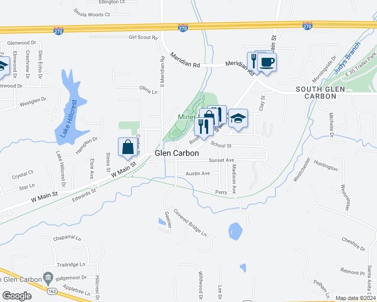 map of restaurants, bars, coffee shops, grocery stores, and more near 173 South Main Street in Glen Carbon
