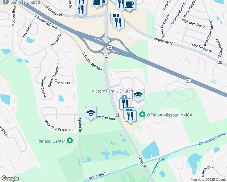 map of restaurants, bars, coffee shops, grocery stores, and more near 134 Lamplighter Way in O'Fallon