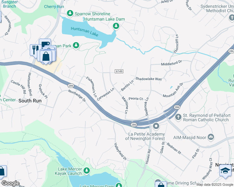 map of restaurants, bars, coffee shops, grocery stores, and more near 7620 Maritime Lane in Springfield