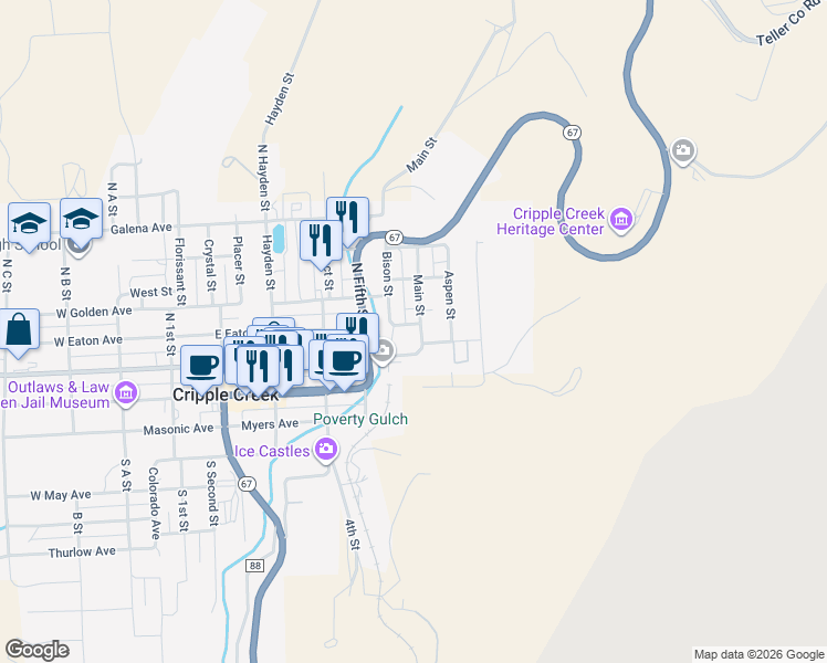 map of restaurants, bars, coffee shops, grocery stores, and more near 217 Main Street in Cripple Creek