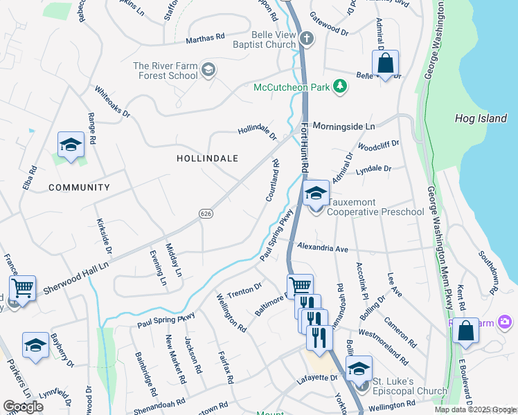 map of restaurants, bars, coffee shops, grocery stores, and more near 1620 Courtland Road in Alexandria