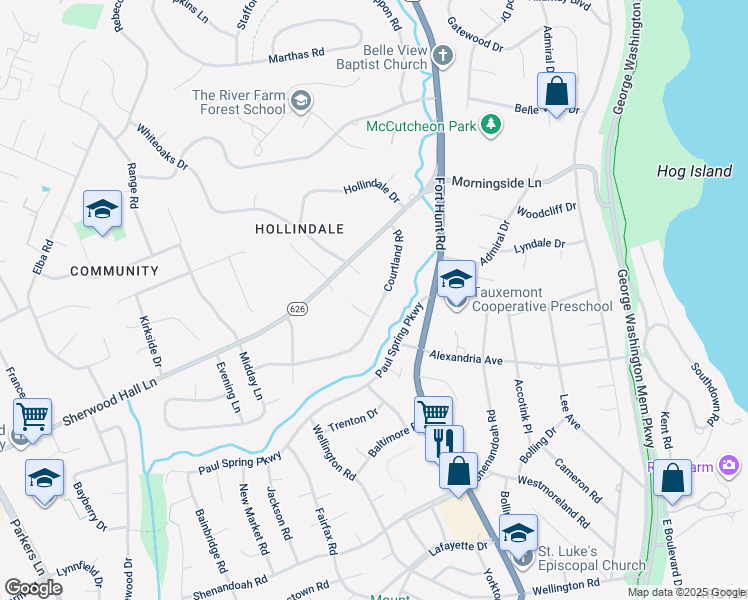 map of restaurants, bars, coffee shops, grocery stores, and more near 1620 Courtland Road in Alexandria