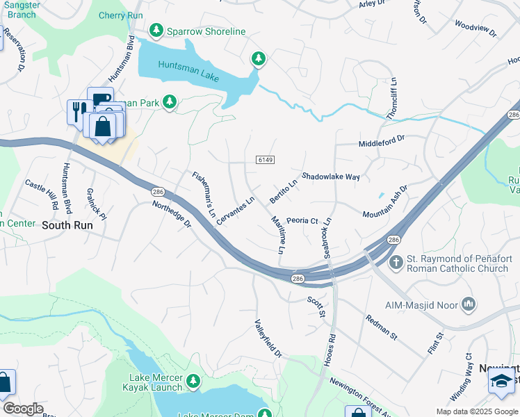 map of restaurants, bars, coffee shops, grocery stores, and more near 7620 Maritime Lane in Springfield