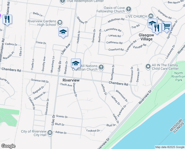 map of restaurants, bars, coffee shops, grocery stores, and more near 10010 Valley Drive in St. Louis