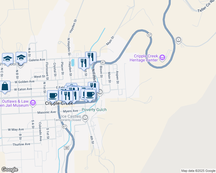map of restaurants, bars, coffee shops, grocery stores, and more near 531 East Carr Avenue in Cripple Creek