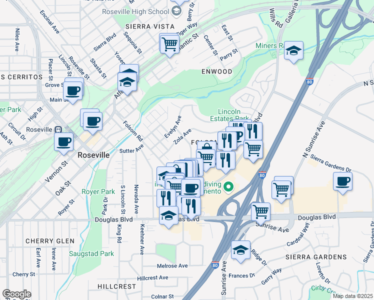 map of restaurants, bars, coffee shops, grocery stores, and more near 222 Sharon Way in Roseville