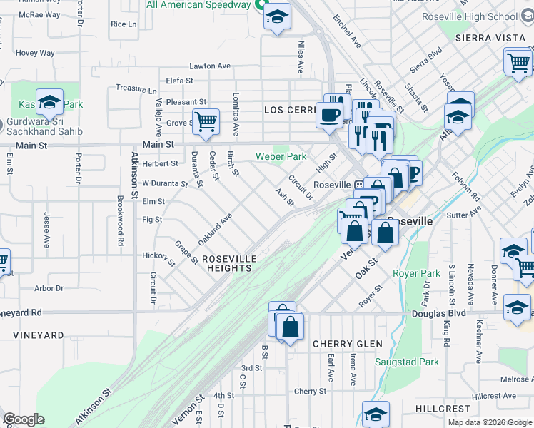 map of restaurants, bars, coffee shops, grocery stores, and more near 616 Church Street in Roseville