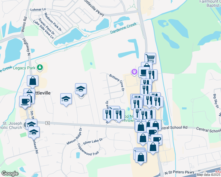 map of restaurants, bars, coffee shops, grocery stores, and more near 5077 Danielle Drive in Cottleville