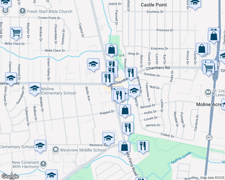 map of restaurants, bars, coffee shops, grocery stores, and more near 9965 Halls Ferry Road in Saint Louis