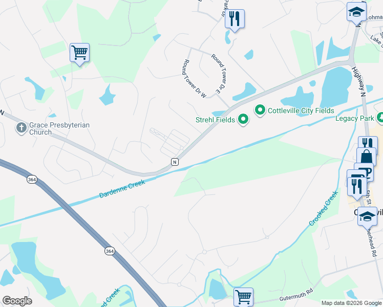 map of restaurants, bars, coffee shops, grocery stores, and more near 6056 Highway N in Cottleville