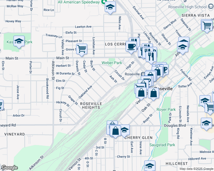 map of restaurants, bars, coffee shops, grocery stores, and more near 117 Birch Street in Roseville