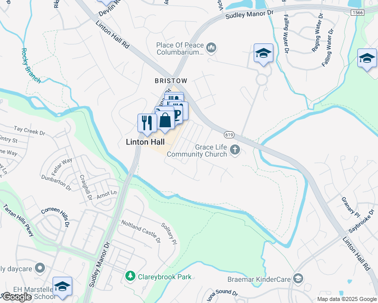 map of restaurants, bars, coffee shops, grocery stores, and more near 9528 TARVIE Circle in Bristow