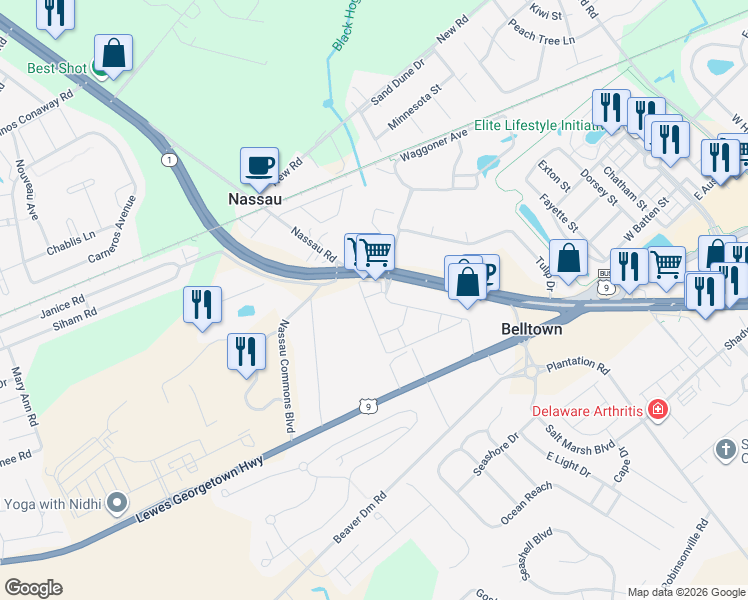 map of restaurants, bars, coffee shops, grocery stores, and more near 17506 Slipper Shell Way in Lewes