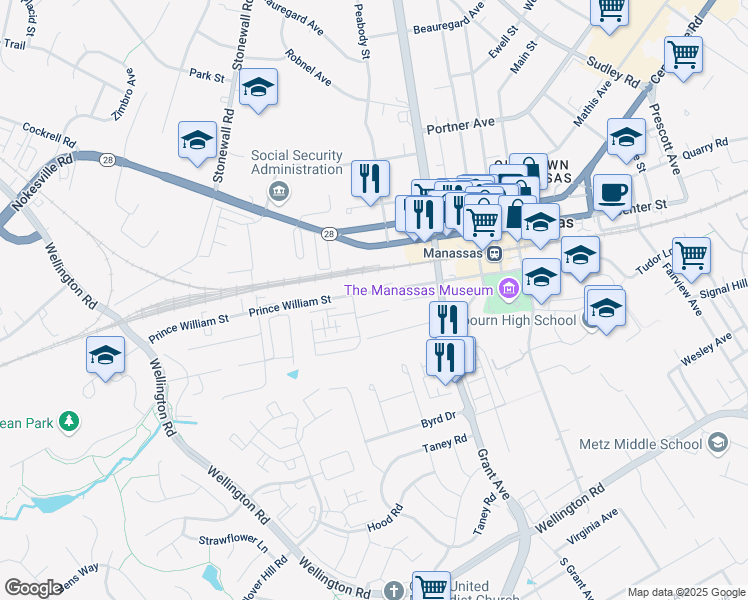 map of restaurants, bars, coffee shops, grocery stores, and more near 9229 Prince William Street in Manassas