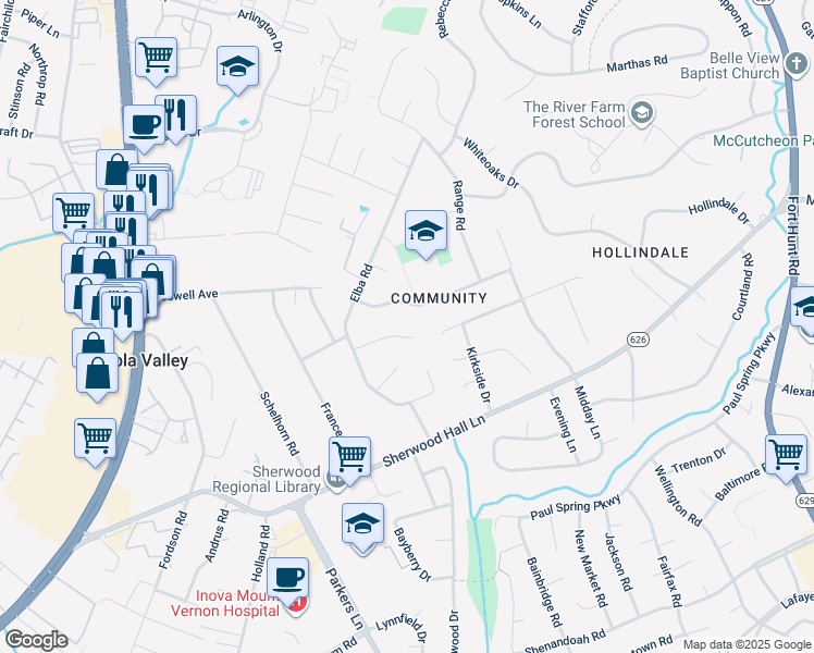 map of restaurants, bars, coffee shops, grocery stores, and more near 2402 Brentwood Place in Alexandria