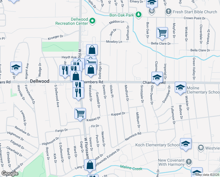 map of restaurants, bars, coffee shops, grocery stores, and more near 9850 Dennis Drive in St. Louis