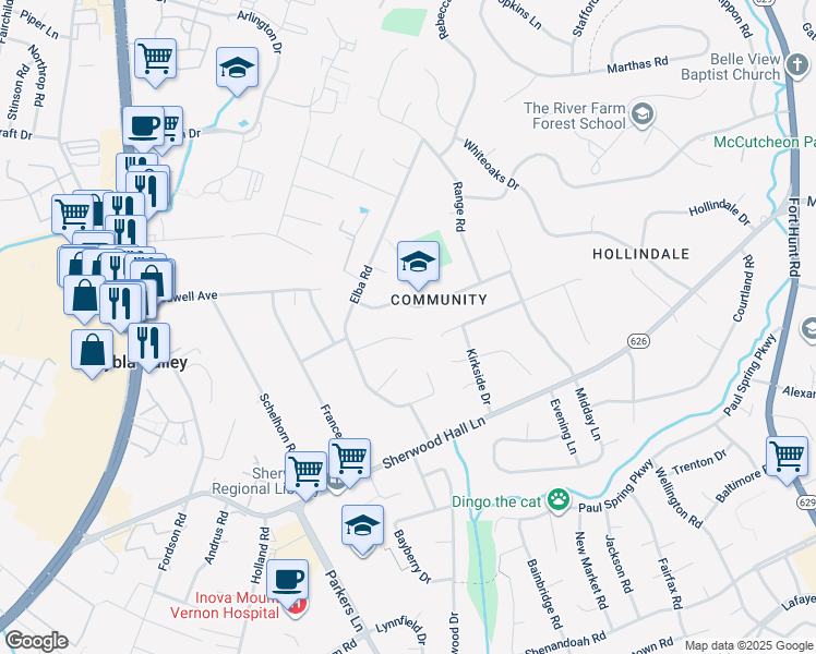 map of restaurants, bars, coffee shops, grocery stores, and more near 2402 Brentwood Place in Alexandria
