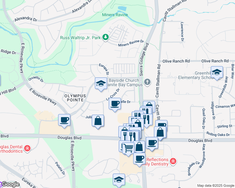 map of restaurants, bars, coffee shops, grocery stores, and more near 2616 La Croix Drive in Roseville