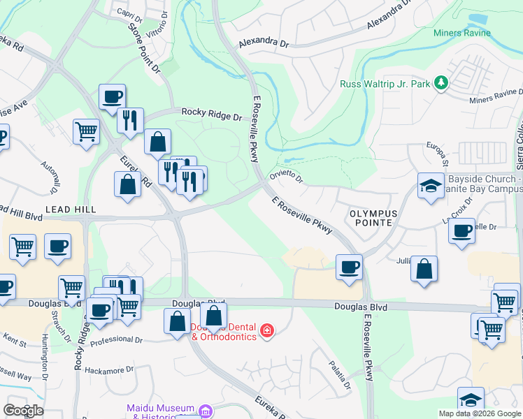 map of restaurants, bars, coffee shops, grocery stores, and more near 1620 East Roseville Parkway in Roseville