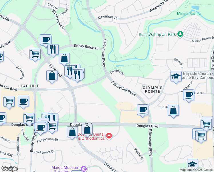 map of restaurants, bars, coffee shops, grocery stores, and more near 1640 E Roseville Pkwy in Roseville
