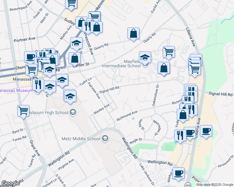 map of restaurants, bars, coffee shops, grocery stores, and more near 9101 Prince William Street in Manassas