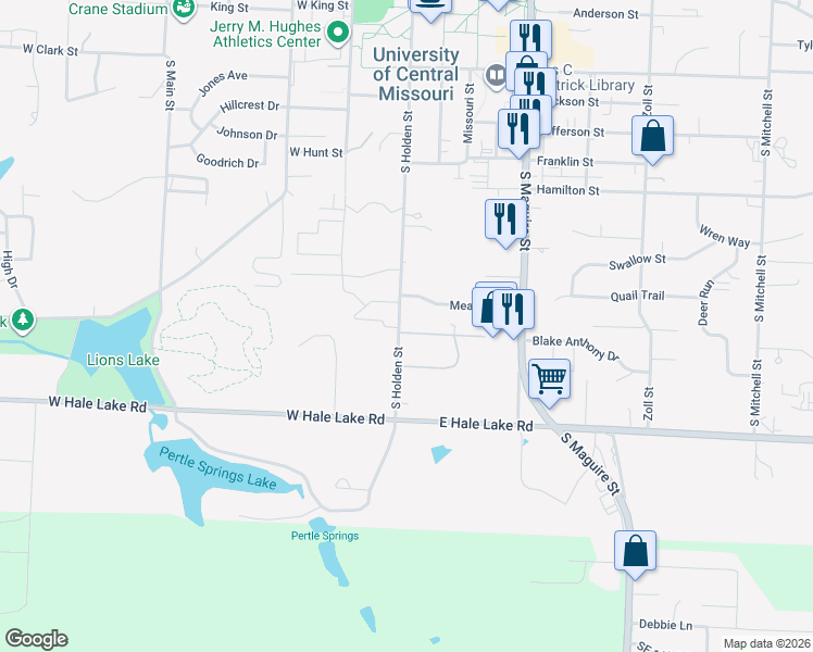 map of restaurants, bars, coffee shops, grocery stores, and more near 1103 South Holden Street in Warrensburg