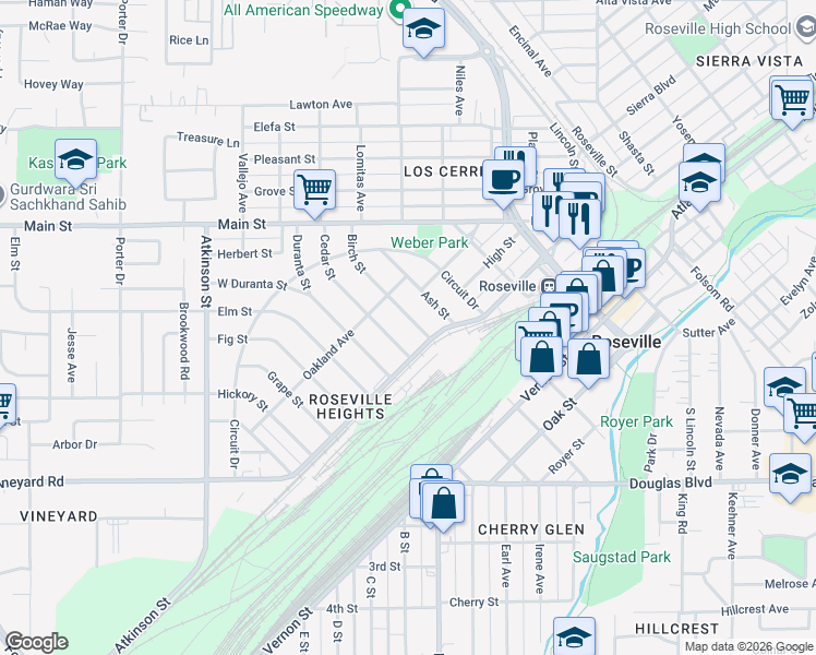 map of restaurants, bars, coffee shops, grocery stores, and more near 121 Birch Street in Roseville