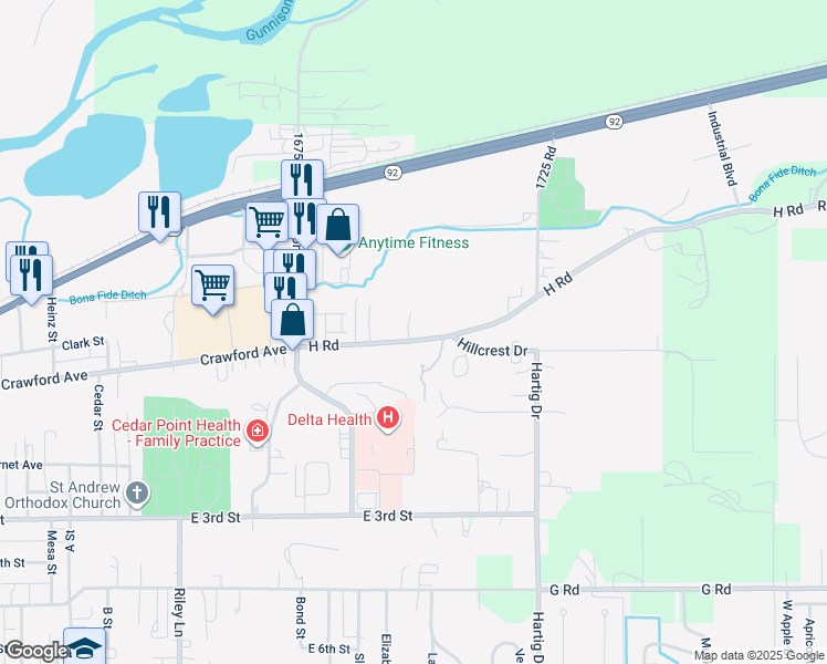 map of restaurants, bars, coffee shops, grocery stores, and more near 1701 H Road in Delta